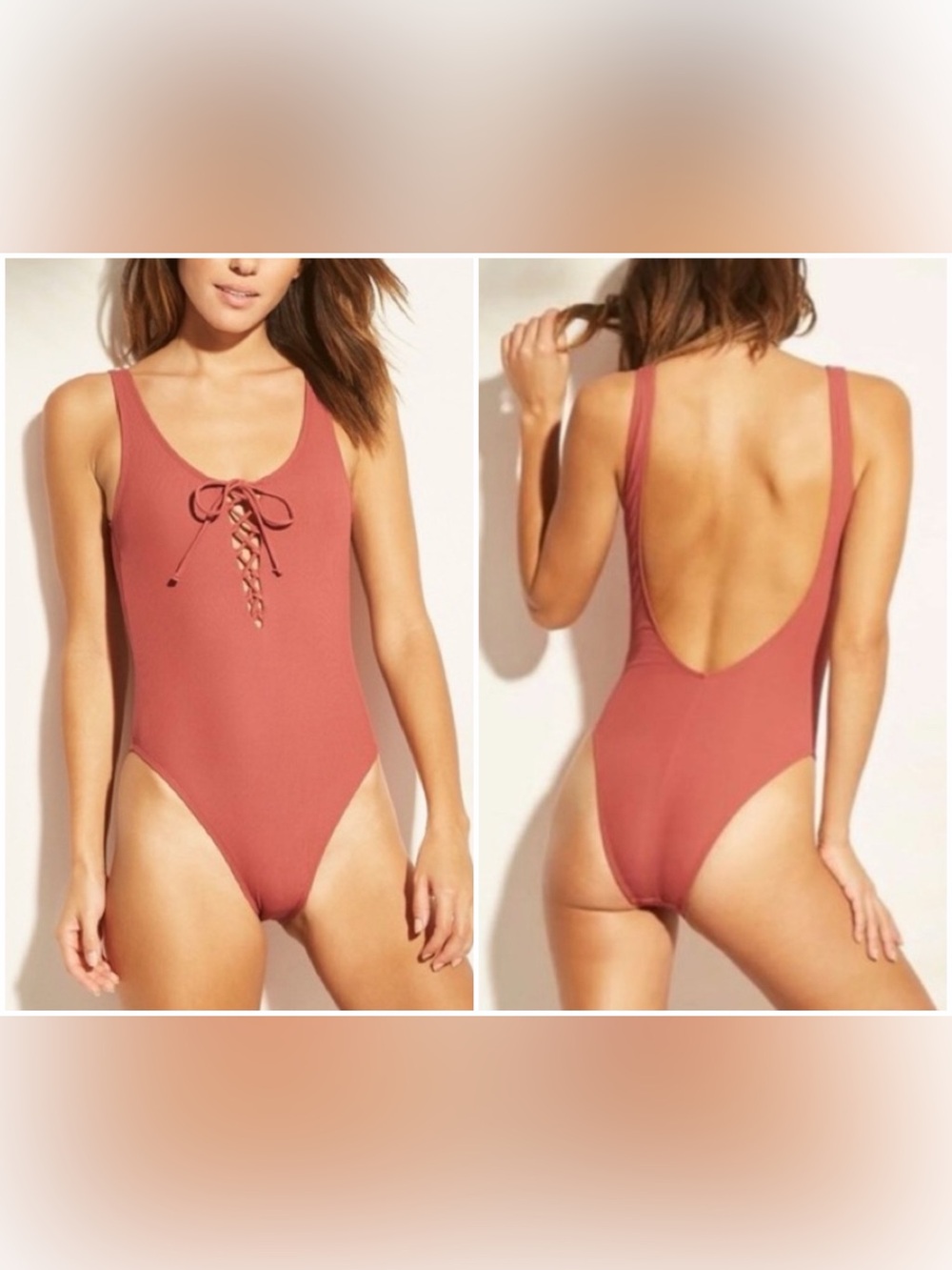 Xhilaration Lace-Up Scoop Back Ribbed One-Piece Swimsuit - Dusty Rose. Size M